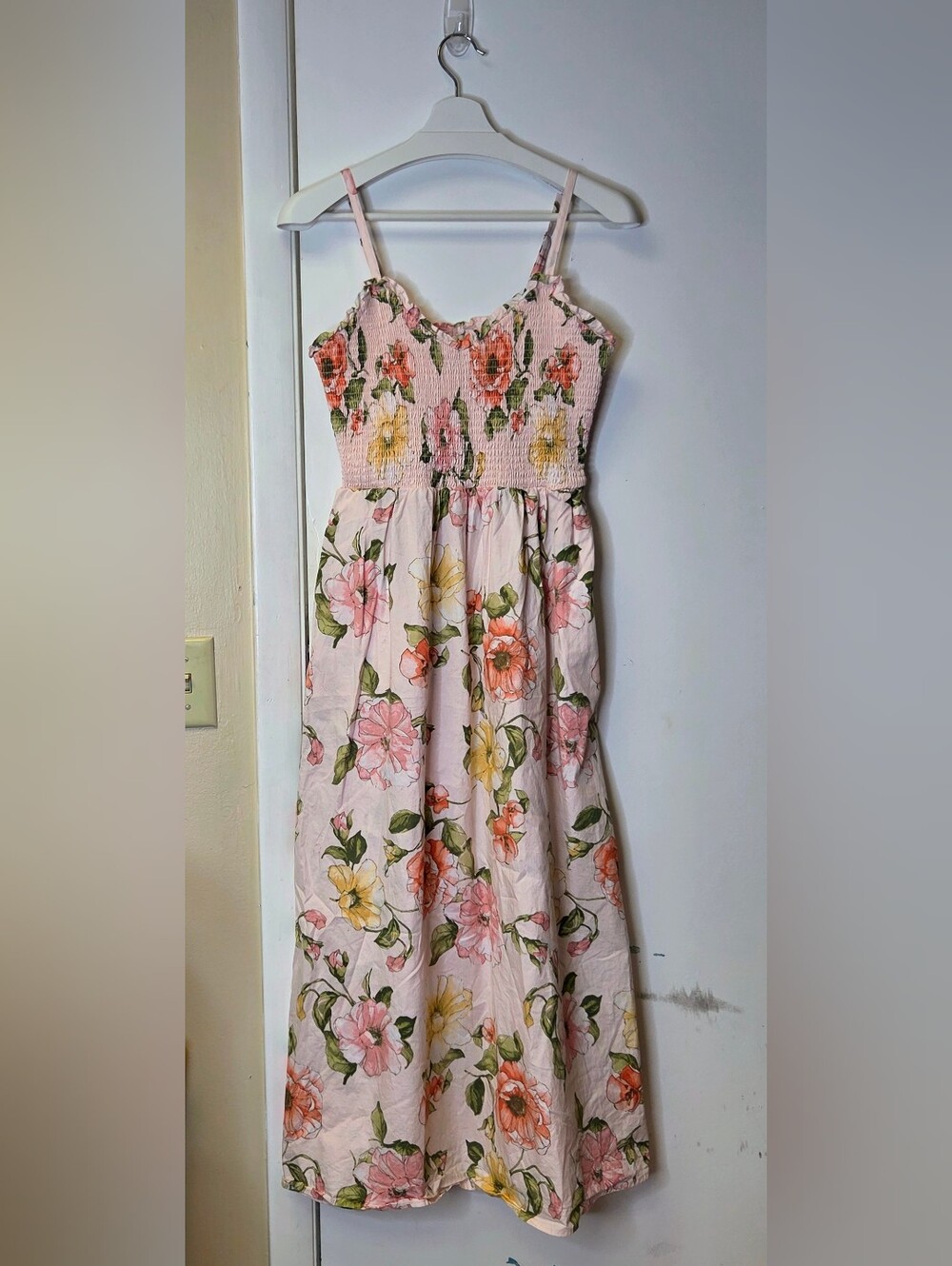 Joie Floral Smocked Maxi Dress Pink Yellow Size S Cottagecore Sundress Pockets - Picture 2 of 13